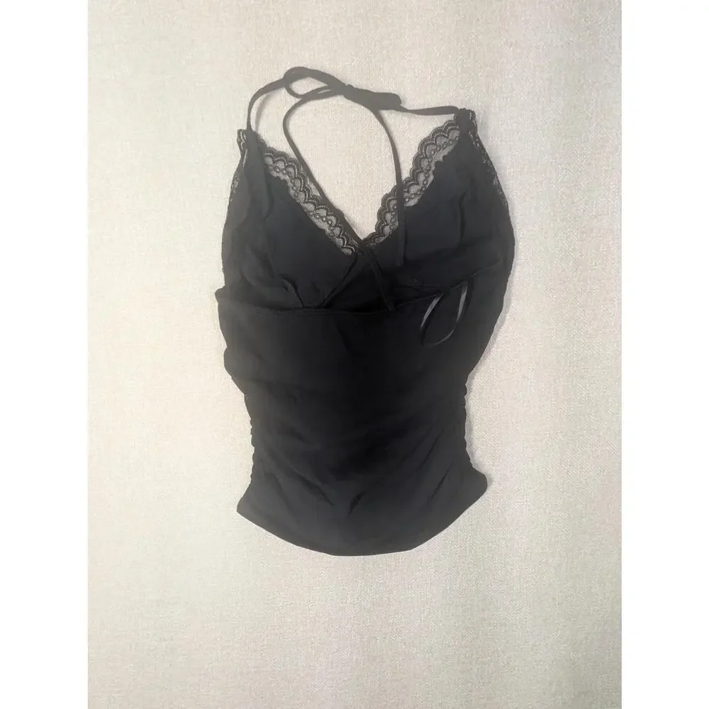 Soft Goth Lace Halter Cami | Black Ruched Y2K Clubwear Top - Picture 3 of 5